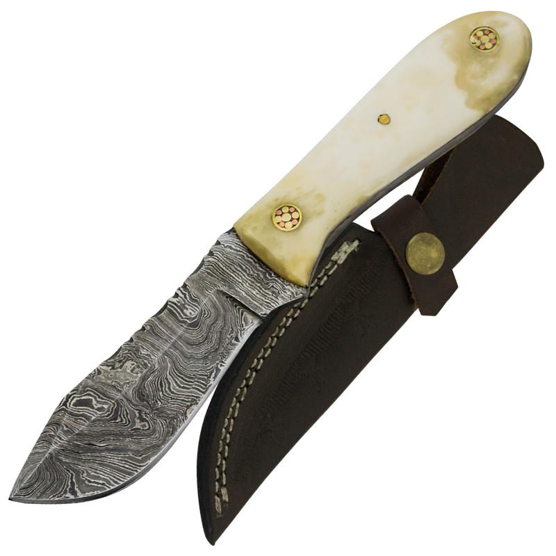 Red Deer Wide Damascus Blade Bone Handle Hunting Knife